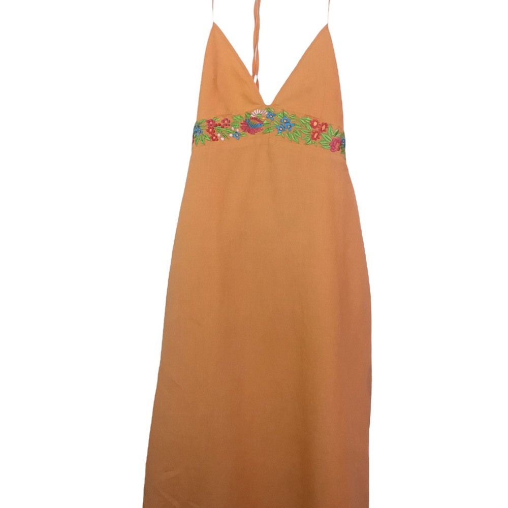 French Connection halter linen dress with embroidered detailing.Size S